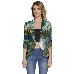 Peacock Feathers Blue Green Texture Women s 3/4 Sleeve Ruffle Edge Open Front Jacket by Wav3s