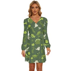 Cute Dinosaur Pattern Long Sleeve Waist Tie Ruffle Velvet Dress by Wav3s