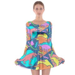 Dinosaur Pattern Long Sleeve Skater Dress by Wav3s