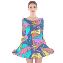 Dinosaur Pattern Long Sleeve Velvet Skater Dress by Wav3s