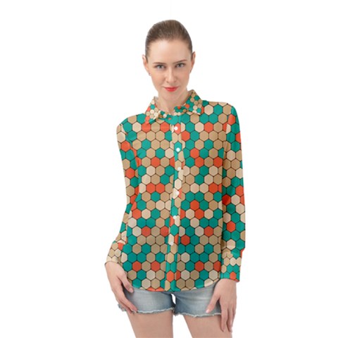 Multicolored Honeycomb Colorful Abstract Geometry Long Sleeve Chiffon Shirt by Vaneshop