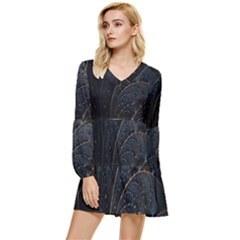 Abstract Dark Shine Structure Fractal Golden Tiered Long Sleeve Mini Dress by Vaneshop