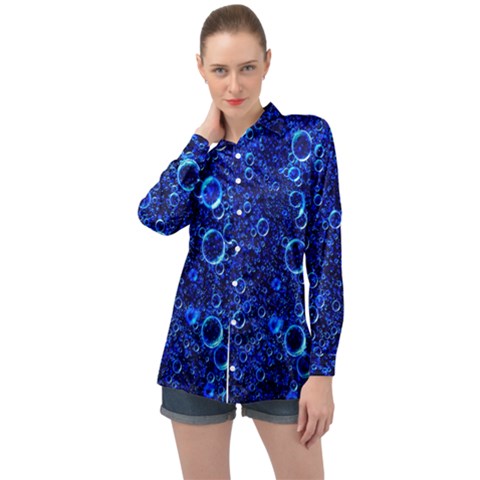 Blue Bubbles Abstract Long Sleeve Satin Shirt by Vaneshop