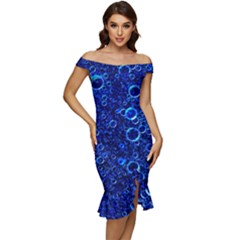 Blue Bubbles Abstract Off Shoulder Ruffle Split Hem Bodycon Dress by Vaneshop