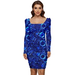 Blue Bubbles Abstract Women Long Sleeve Ruched Stretch Jersey Dress by Vaneshop