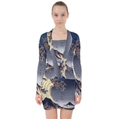 The Great Wave Off Kanagawa Japanese Waves V-neck Bodycon Long Sleeve Dress by Vaneshop