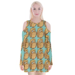 Owl Bird Pattern Velvet Long Sleeve Shoulder Cutout Dress by Vaneshop