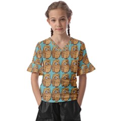 Owl Bird Pattern Kids  V-neck Horn Sleeve Blouse by Vaneshop