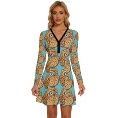 Owl Bird Pattern Long Sleeve Deep V Mini Dress  by Vaneshop