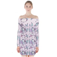 Cartoon Cat Cute Animal Design Drawing Illustration Kawaii Long Sleeve Off Shoulder Dress by Grandong