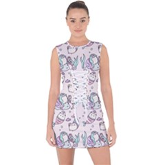 Cartoon Cat Cute Animal Design Drawing Illustration Kawaii Lace Up Front Bodycon Dress by Grandong