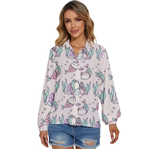 Cartoon Cat Cute Animal Design Drawing Illustration Kawaii Women s Long Sleeve Button Up Shirt by Grandong