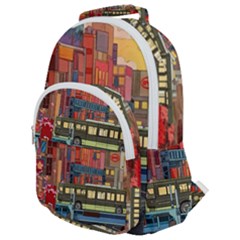 The City Style Bus Fantasy Architecture Art Rounded Multi Pocket Backpack by Grandong