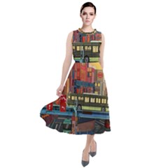 The City Style Bus Fantasy Architecture Art Round Neck Boho Dress by Grandong