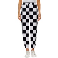 Black White Checker Pattern Checkerboard Women s Cropped Drawstring Pants by Cowasu