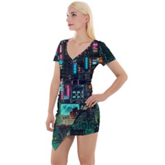 Video Game Pixel Art Short Sleeve Asymmetric Mini Dress by Cowasu