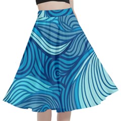 Ocean Waves Sea Abstract Pattern Water Blue A-line Full Circle Midi Skirt With Pocket by Ndabl3x