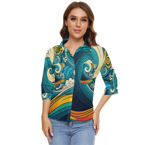 Waves Wave Ocean Sea Abstract Whimsical Abstract Art Women s Quarter Sleeve Pocket Shirt by Ndabl3x