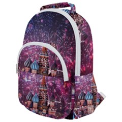 Moscow Kremlin Saint Basils Cathedral Architecture  Building Cityscape Night Fireworks Rounded Multi Pocket Backpack by Cowasu