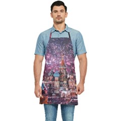 Moscow Kremlin Saint Basils Cathedral Architecture  Building Cityscape Night Fireworks Kitchen Apron by Cowasu