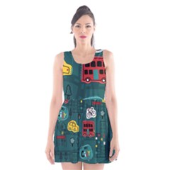 Seamless Pattern With Vehicles Building Road Scoop Neck Skater Dress by Cowasu