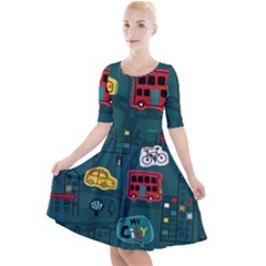 Seamless Pattern With Vehicles Building Road Quarter Sleeve A-line Dress by Cowasu