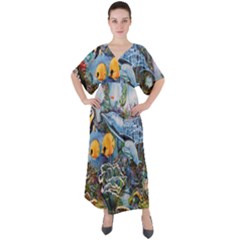 Colorful Aquatic Life Wall Mural V-neck Boho Style Maxi Dress by Simbadda