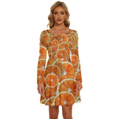 Oranges Background Texture Pattern Long Sleeve Wide Neck Velvet Dress by Simbadda