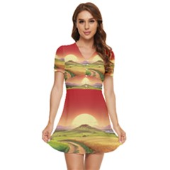 Landscape Sunset Orange Sky Pathway Art V-neck High Waist Chiffon Mini Dress by Ravend