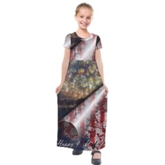 Independence Day Background Abstract Grunge American Flag Kids  Short Sleeve Maxi Dress by Ravend