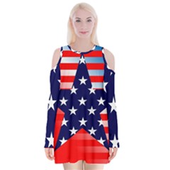 Patriotic American Usa Design Red Velvet Long Sleeve Shoulder Cutout Dress by Celenk