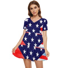 Patriotic American Usa Design Red Tiered Short Sleeve Babydoll Dress by Celenk