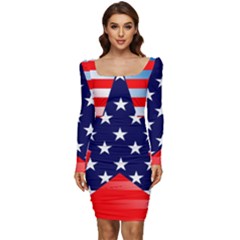 Patriotic American Usa Design Red Women Long Sleeve Ruched Stretch Jersey Dress by Celenk