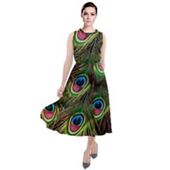 Peacock Feathers Color Plumage Round Neck Boho Dress by Celenk