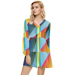 Colorful Rainbow Stripe Pattern Tiered Long Sleeve Mini Dress by Vaneshop