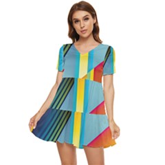 Colorful Rainbow Stripe Pattern Tiered Short Sleeve Babydoll Dress by Vaneshop