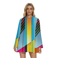 Colorful Rainbow Stripe Pattern Round Neck Long Sleeve Bohemian Style Chiffon Mini Dress by Vaneshop