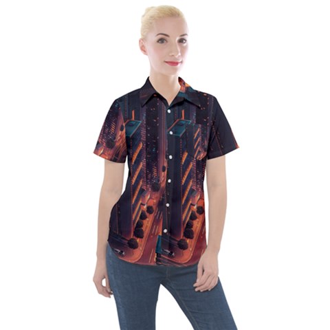 Abstract Landscape Landmark Town City Cityscape Women s Short Sleeve Pocket Shirt by Vaneshop