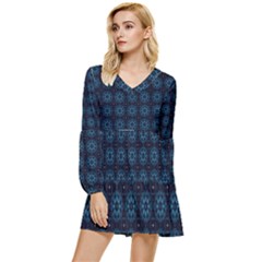 Floral Pattern Geometric Pattern Tiered Long Sleeve Mini Dress by Vaneshop