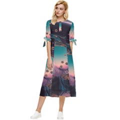 Crystal Ball Glass Sphere Lens Ball Bow Sleeve Chiffon Midi Dress by Vaneshop
