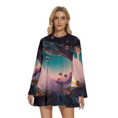 Crystal Ball Glass Sphere Lens Ball Round Neck Long Sleeve Bohemian Style Chiffon Mini Dress by Vaneshop