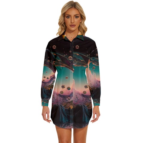 Crystal Ball Glass Sphere Lens Ball Womens Long Sleeve Shirt Dress by Vaneshop