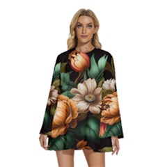 Floral Flower Blossom Bloom Flora Round Neck Long Sleeve Bohemian Style Chiffon Mini Dress by Vaneshop