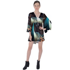 Colorful Peacock Bird Feathers V-neck Flare Sleeve Mini Dress by Vaneshop