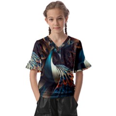 Colorful Peacock Bird Feathers Kids  V-neck Horn Sleeve Blouse by Vaneshop