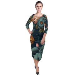 Floral Flower Blossom Turquoise Quarter Sleeve Midi Velour Bodycon Dress by Vaneshop