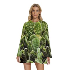 Cactus Flora Flower Nature Floral Round Neck Long Sleeve Bohemian Style Chiffon Mini Dress by Vaneshop