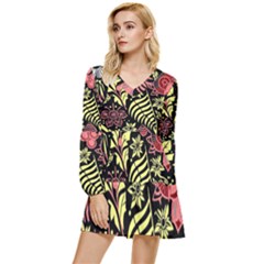 Flower Leaves Floral Flora Nature Tiered Long Sleeve Mini Dress by Vaneshop