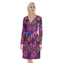 Peacock Feathers Color Plumage Long Sleeve Velvet Front Wrap Dress View1