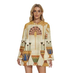 Egyptian Paper Papyrus Hieroglyphs Round Neck Long Sleeve Bohemian Style Chiffon Mini Dress by Vaneshop